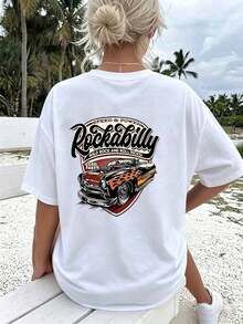 ropa de mujer Camiseta de manga corta informal de estilo americano para mujer, estampado gráfico de coche Hot Rod clásico rockabilly vintage de doble cara, transpirable, no se decolora, combina con todo, adecuada para todo tipo de cuerpo, uso diario y deportivo, regalo ideal para el Día de la Madre y el Cinco de Mayo, camisas de mujer - Blanco - Ver 2