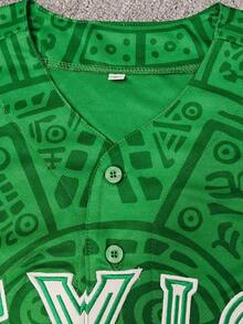 2026 KTYSDE Camiseta de béisbol unisex de México, diseño bordado de letras de México, cardigan holgado de manga corta con cuello en V y botones, adecuado para deportes y estilo casual de calle, fiesta con temática de cultura latina, primavera - Verde - Ver 5