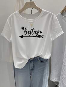 Women's Short-Sleeved T-Shirt, Regular Fit - 2D Geometric Graphic Design With The Word "Besties" Accompanied By Arrow And Heart Patterns, Designed In A Modern Urban Style. | Youthful Design | Comfortable And Well-Fitting Clothing JYNA - 白色 - 查看 6