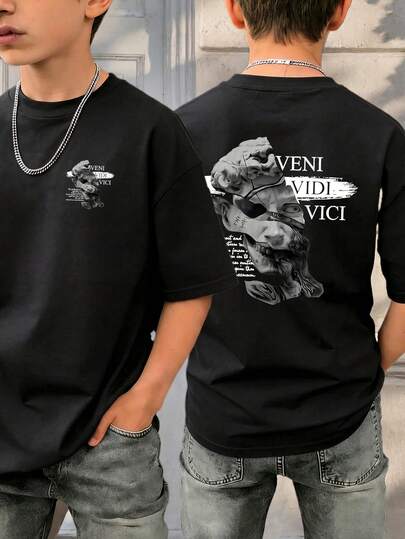 1pc Boys' Summer Vintage American Print T-Shirt, David Statue "Veni Vidi Vici" Letter Graphic Loose Casual Tee