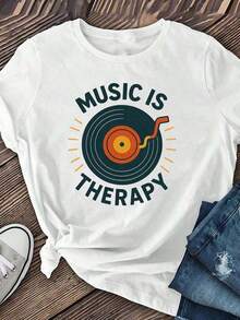 Camiseta de manga corta para mujer estilo disco de música, camiseta casual de manga corta para primavera y verano, ropa de mujer para verano y otoño, camiseta casual de manga corta. - Blanco - Ver 2