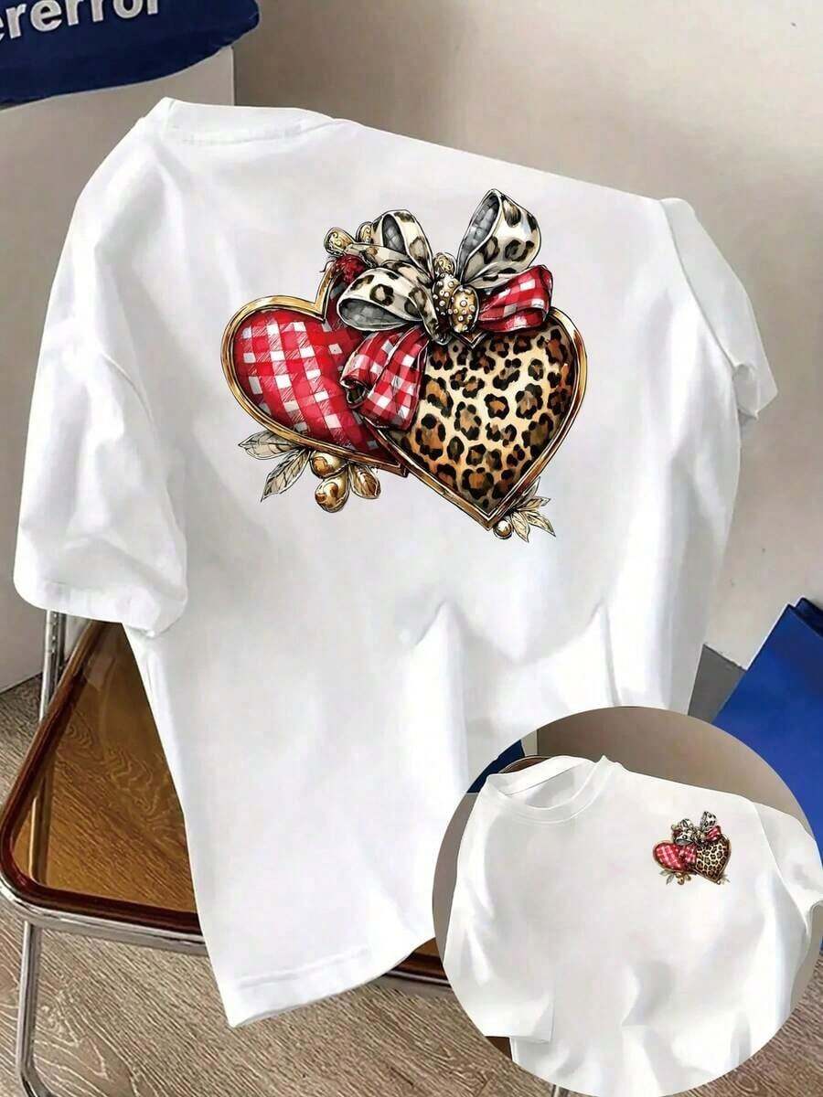 Camisetas Breathonic de Tallas Grandes para Mujer - Camisetas de Poliéster de Manga Corta para Uso Diario o Deportivo, Camiseta de Manga Corta con Paneles Frontales y Traseros - Estampado de Corazón de Leopardo, Estampado de Corazón a Cuadros - Camiseta Estampada de Primavera/Verano para Mujer, Artículo de Moda Transpirable y Cómodo - Blanco - Ver 1