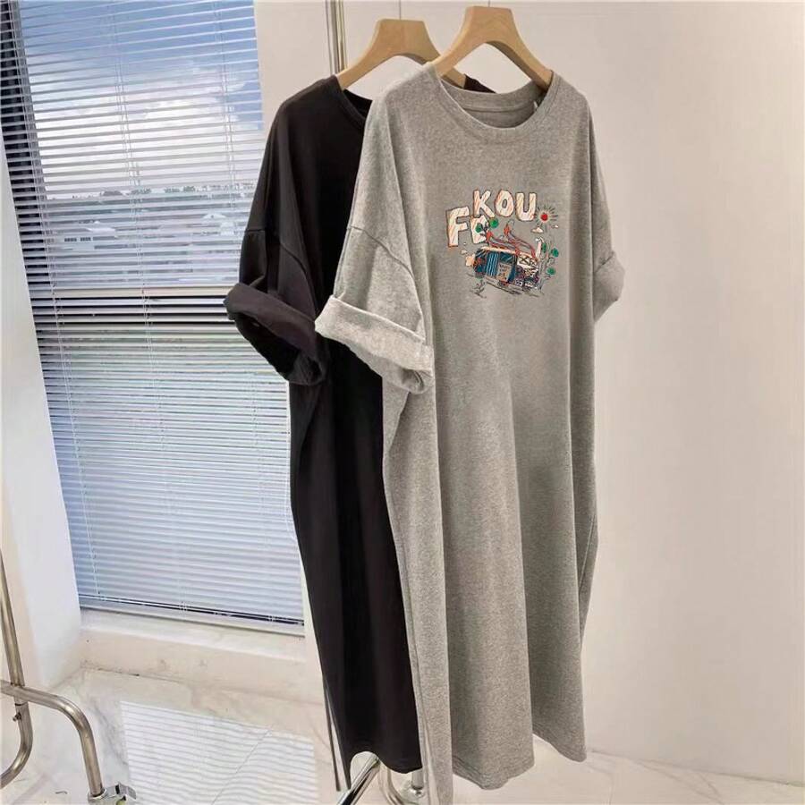 Camiseta con estampado de camisa casual para mujer, manga corta y cuello redondo, moda urbana local de primavera/verano camiseta unisex. VKP2 - N119 Gris claro - Ver 1