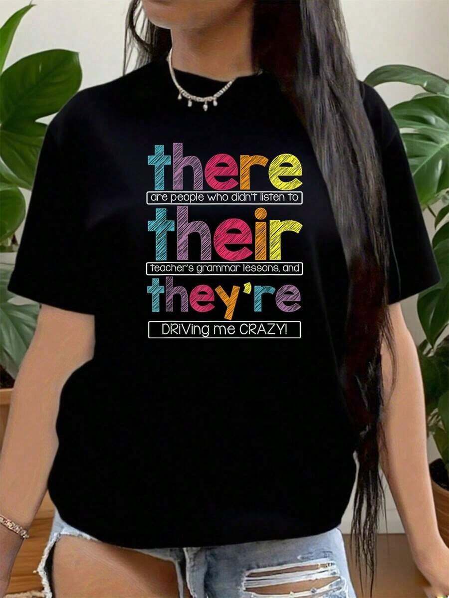 Women's Vintage Cotton T-Shirt With Rainbow Text Print, Casual Clothing For Women And Girls, Everyday Wear, Urban Style, Fashion Graphic Top - 黑色 - 查看 1