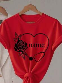 Camiseta Holgada Sencilla Mujer Estilo Moderno Camiseta Personalizada con Nombre, Corazón de Rosa y Estetoscopio |     Cuello Redondo de Verano, Tela Ligeramente Elástica, Ideal para Mujeres y Tela Suave Camiseta Mujer Estampado Gráfico  Verano 2026 - Rojo - Ver 7
