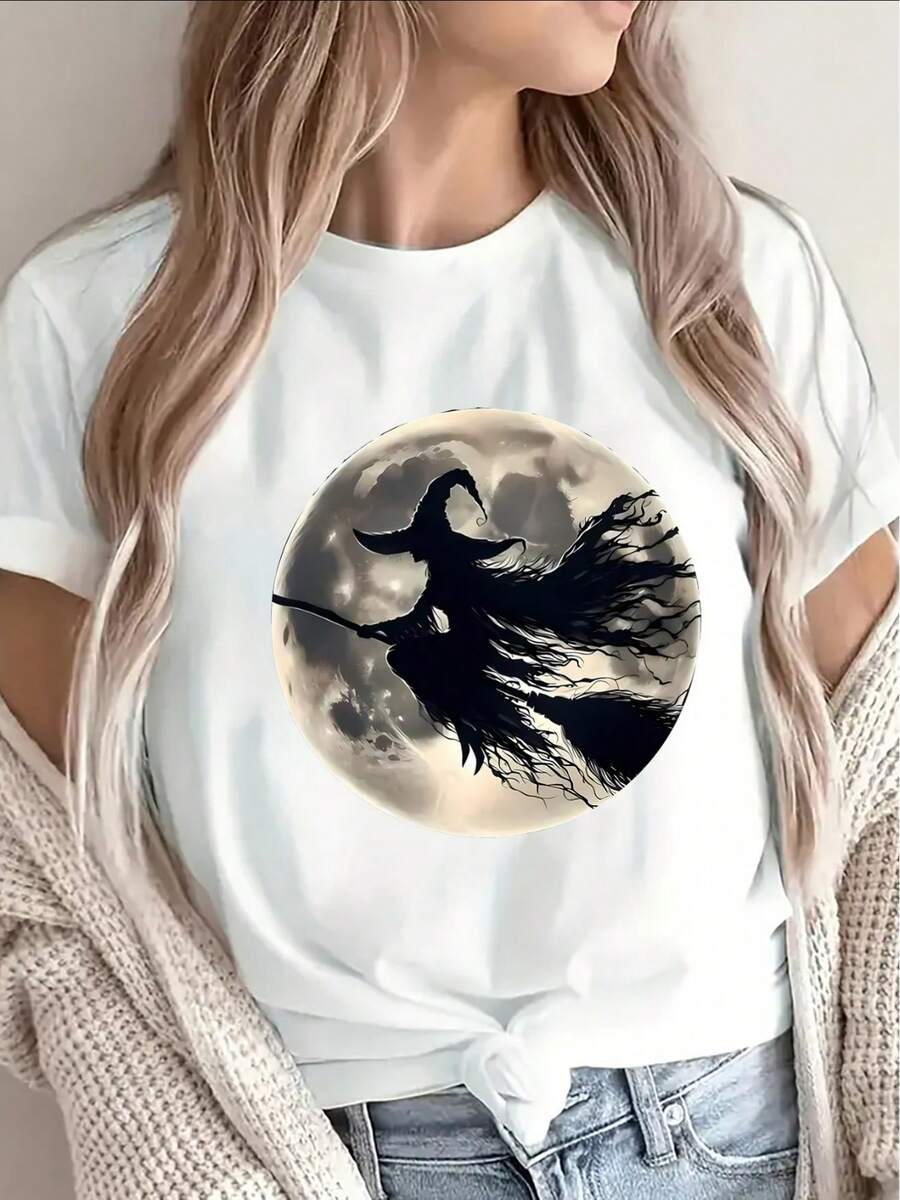 Camiseta de manga corta de poliéster, con un diseño de fondo de luna llena y un patrón de escoba voladora, ligera y duradera, adecuada para fiestas de Halloween, uso casual diario o como decoración para el hogar. - Blanco - Ver 1