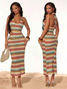 YHHSHEIN  Vestido casual básico de punto con rayas de colores y textura, para vacaciones en la playa en veranoYHH - Multicolor 2 - Ver 6