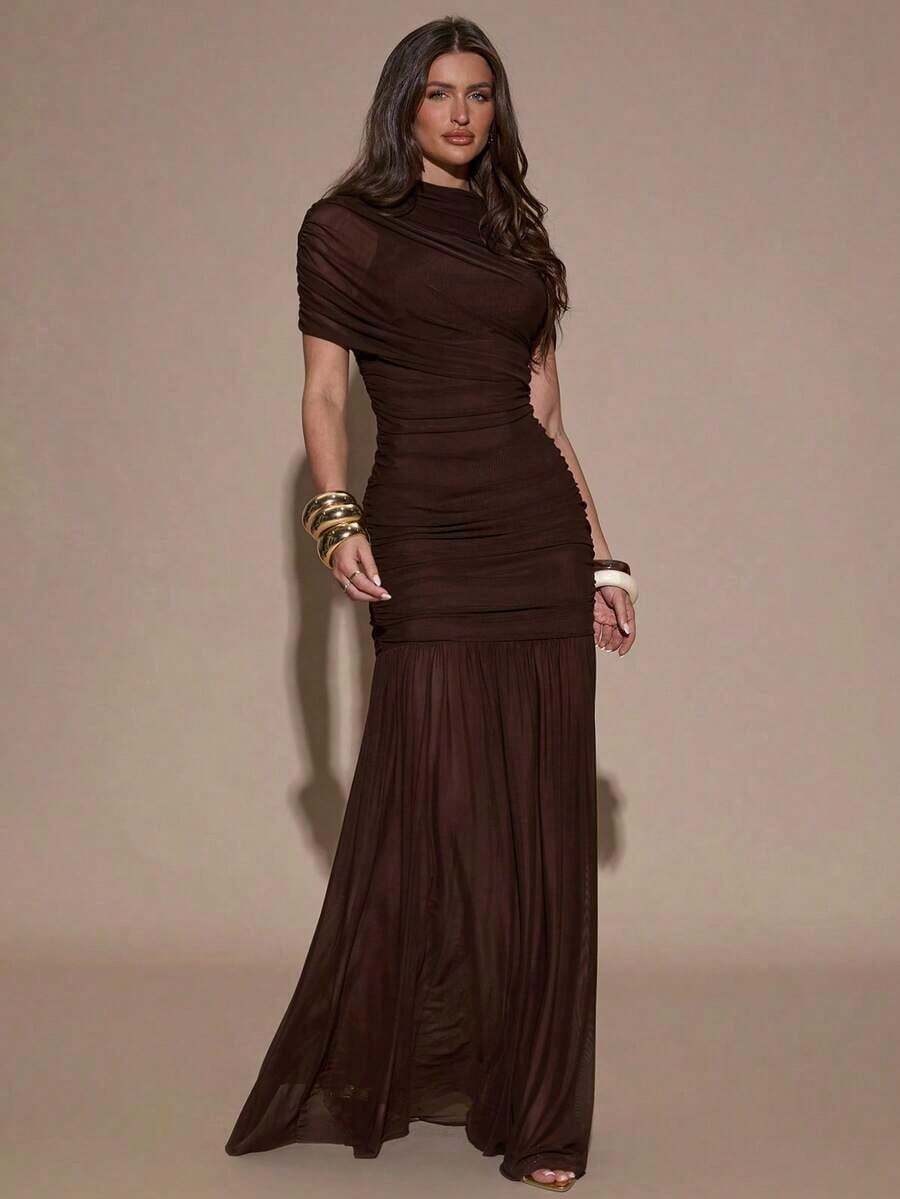 xhe X GALILEA Vestido ajustado con pliegues elegantes, adecuado para cóctel, cita romántica, capas de otoño/invierno, fiesta, reunión formal, Halloween, Navidadxhe - Marrón 2 - Ver 1
