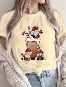 Camiseta de Manga Corta de Santa Claus para Mujer - Blusa de Cuello Redondo Ajustada con Estampado de Cara de Santa, Atuendo Casual para Fiestas Navideñas, Top en Línea H para Todas las Estaciones (Lavado a Mano) para Uso Anual y Vestimenta Festiva - Albaricoque - Ver 6