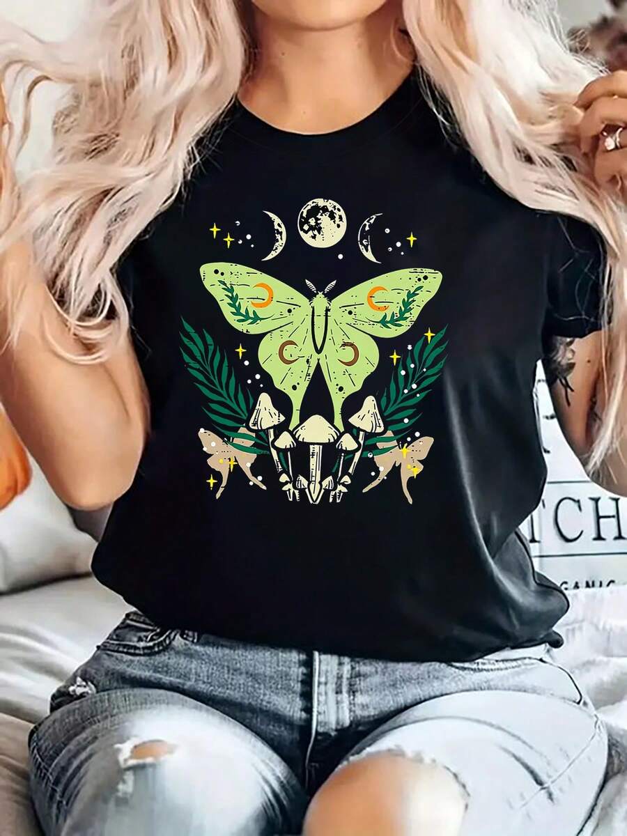 Camiseta de algodón puro con estampados de estilo misterioso y oscuro, que muestran fases lunares, polillas y hongos. Camiseta de moda casual de cuello redondo para mujer de talla grande, ideal para primavera-verano, creativa y cómoda para el uso diario.