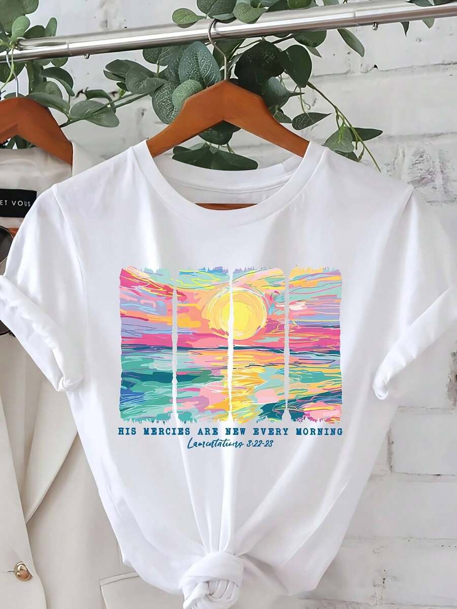 Soft 100%cottonT-shirtHis Mercy is New Every Morning" Inspirational Graphic Tee for Women - Casual Round Neck Short Sleeve Top with Vibrant Sunrise Design, Perfect for Spring and Summer, Women's T-ShirtsBreathable Cotton Tee, All Matchcool - Blanco - Ver 1