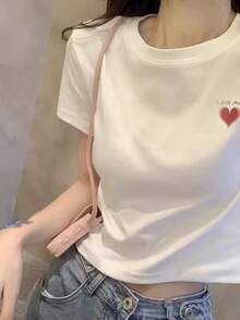 Camiseta Blanca de Manga Corta con Estampado de Amor y Corazón para Uso Casual - Blanco - Ver 1