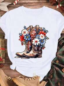 Elegante y casual camiseta de manga corta para mujer, con estampado de bota de vaquero, bandera americana y flores, ropa casual blanca para mujer, ideal para el verano. - Blanco - Ver 3