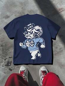 UNC Tar Heels Casual T-Shirt With Double Print, 100% Cotton, Blue And White Mascot Design, Short Sleeve T-Shirt - 藍色 - 查看 3