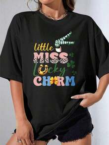 Camiseta Negra y Blanca para Niña, Camiseta Blanca de Talla Grande con Estampado de la Pequeña Dama de la Suerte, con Diseño de Trébol, Herradura y Flor para la Celebración del Día de San Patricio, Fiesta al Aire Libre, Camiseta Casual Estampada de 180g - Negro - Ver 1