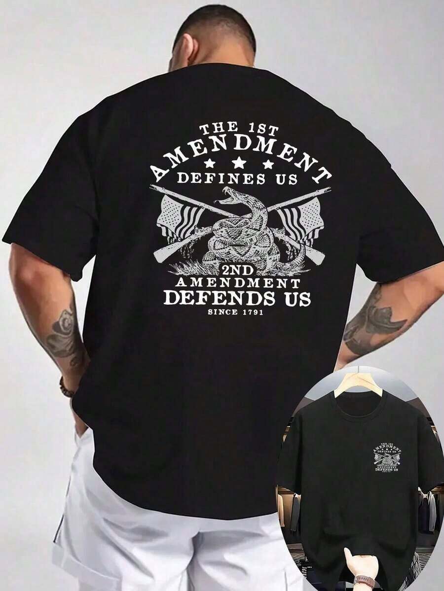 Regalo [Camiseta Deportiva] Camiseta para Hombre con Estampado Patriótico de Bandera Americana y Serpiente - "La 1ª Enmienda Nos Define, la 2ª Nos Defiende" - Tejido de Punto Gris Claro, Camiseta Casual Transpirable de Verano para Actividades al Aire Libre, Ropa con Bandera Americana, Camiseta de Ajuste Cómodo, Accesorios con Bandera Americana, Diseño Gráfico Atrevido, Construcción Duradera, Camiseta de Manga Corta, Ropa Patriótica, Camiseta de Impacto, Material Suave, Camiseta Estampada, para Uso Diario, Camiseta Relajada de Talla Grande - Negro - Ver 1