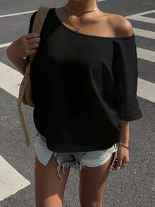 AFGHJU Camiseta Blanca de Punto Holgada de Un Solo Hombro y Manga Corta para Mujer - Negro - Ver 7