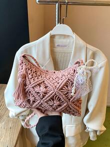 Handwoven Small Crossbody Bag, New Woven Shoulder Bag, Niche Beach Style, Versatile, Square Envelope Bag, Fashionable, Suitable For Vacation And Beach - Pink - View 6