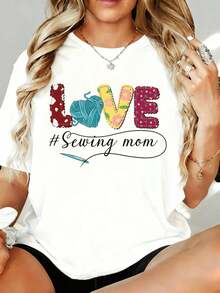 "Love Sewing Mom" T-Shirt For Women, Casual T-Shirt With Graphic Design Of Yarn And Patchwork For Craft Lovers And Mothers, 180g, For Home, Outdoors, Gift For Valentine's Day Or Holidays - 白色 - 查看 7
