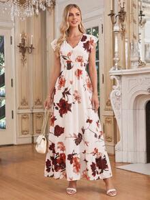 Vestido largo elegante de mujer con cintura fruncida y volantes, vestido de verano para vacaciones, vestido para citas - Multicolor 3 - Ver 7
