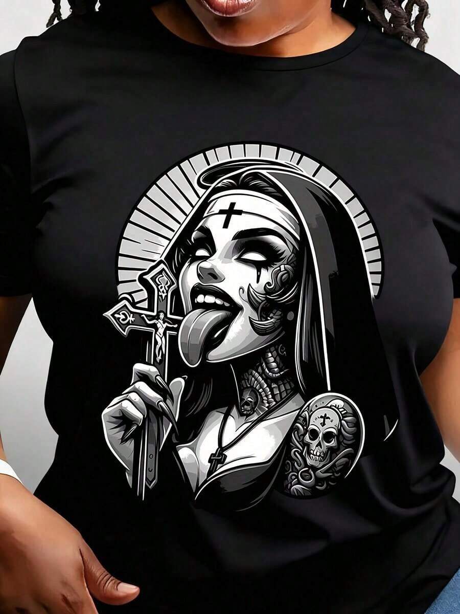 Women's Gothic T-Shirt - Rebel Nun Graphic Tee With Skulls And Bones, Soft And Breathable, Casual Top For All Seasons, Bold Religious Icon Outfit For Gothic Clothing, Fashion Gift For Her - 黑色 - 查看 1