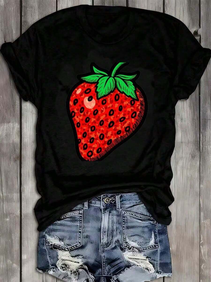 Ropa Curvy En Oferta Y  Una Camiseta De Manga Corta Para Mujer, Holgada, Moderna Y A La Moda, Adecuada Para Actividades Al Aire Libre En Primavera Y Verano, Camiseta Negra Con Estampado De Fresas De Dibujos Animados, Transpirable Y Absorbente De Sudor, Ideal Como Regalo Para El DíA De La Madre, Para Vacaciones En La Playa O Surf, Con Cuello Redondo - Estampado Divertido De Ojos, Ropa Casual, Pieza úNica, Adecuada Para Uso DoméStico Femenino. Blusas Para Mujer,Blusas Casuales Para Dama,Tops,, Mujer Premium,Y2K,Playeras De Mujer Curvy,Ofertas Y Liquidaciones Ropa Mujer,Playeras Deportivas Para Mujer,,Playeras De Hombre, Mujer,Blusas>Elegante RYZ9Camisetas Para Mujer Y2K - Negro - Ver 1