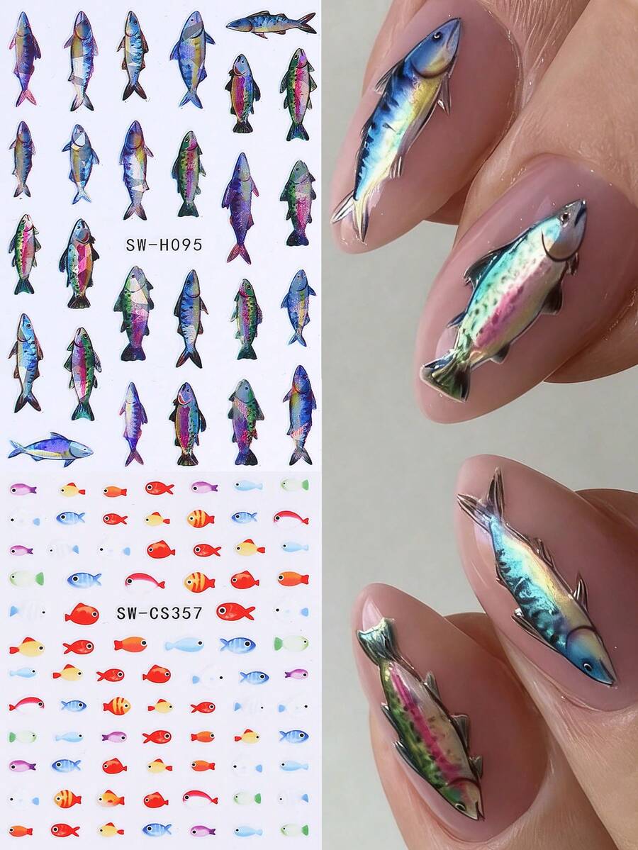 2張3D海洋魚類美甲貼紙貼花,可愛多彩小魚與閃亮全息大魚設計,自黏式美甲裝飾貼,夏季美甲裝飾 - 彩色 - 查看 1