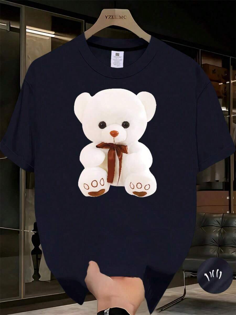 Camiseta ligera para hombre y mujer con estampado de oso de peluche blanco - de manga corta, cuello redondo, estilo casual de verano, con un lazo rosa y orejas marrones, hecha de tela suave y transpirable, adecuada para la talla S, uso casual, 100% algodón, unisex. - Azul marino - Ver 1