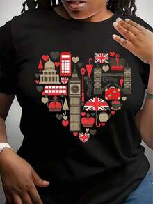 Camiseta Vintage con Estampado de Londres, Manga Corta, Cuello Redondo, Estilo Casual para Verano y Primavera, Ropa de Mujer - Negro - Ver 6