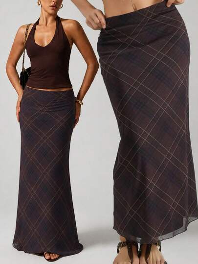 Women's Casual Plaid Print Brown High-Waisted A-Line Long Skirt