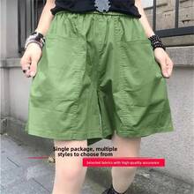 Ropa de trabajo de algodón para mujer, pantalones cortos holgados de cintura alta, pantalones informales de pierna ancha de cinco cuartos, prendas de vestir exteriores de moda de verano - Caqui [B003 paquete individual] - Ver 5
