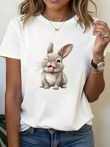 Camiseta Casual de Cuello Redondo para Mujer con Estampado de Conejo con Lengua Fuera, Tela de Alta Elasticidad, Corte Regular, Perfecta para Primavera, Verano y Otoño - Blanco - Ver 6