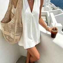 Minimalist White Linen Sleeveless V-Neck Dress / Relaxed A-Line Skirt / Korean Soft Style / Daily Commute Short Dress - Blanco - Ver 4