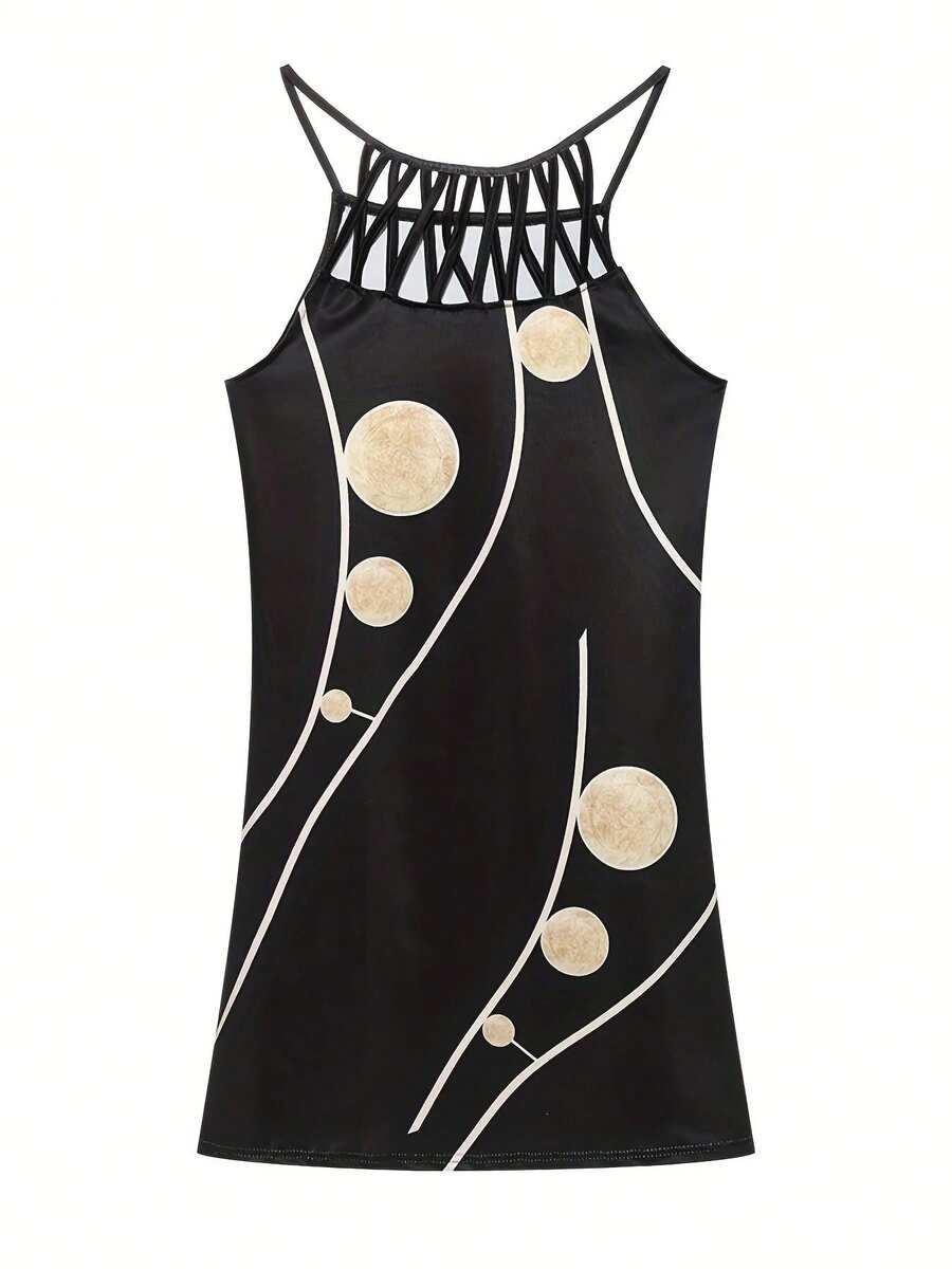 Vestido informal sin mangas con cinturón de malla estampado, posicionamiento de viento nacional, primavera y verano, novedad de 2024 - Negro - Ver 1