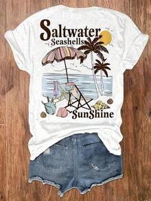 Conjuntos de Vacaciones para Mujer, Camiseta con Estampado de Conchas Marinas y Palmeras para la Playa, Camiseta Casual de Manga Corta para Mujer, Ropa de Mujer, Holgada y Cómoda, Ropa de Verano para Vacaciones de Mujer - Negro - Ver 9