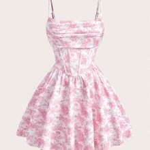 MOD Women's Floral Print Ruffle Spaghetti Strap Short Dress, Vacation Style Floral Dress Women Summer Outfits For Women Streetwear For Women Vacation, , Spring/Summer Outfit, Picnic Outfit, Party , Holidays, Birthday, Festival, Wedding Garden Party Dresses,  Pink Flower Dress - Rosa - Ver 1