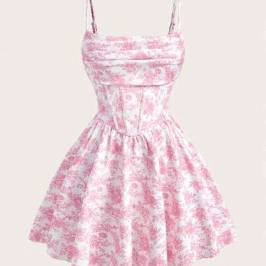 MOD Women's Floral Print Ruffle Spaghetti Strap Short Dress, Vacation Style Floral Dress Women Summer Outfits For Women Streetwear For Women Vacation, , Spring/Summer Outfit, Picnic Outfit, Party , Holidays, Birthday, Festival, Wedding Garden Party Dresses, Pink Flower Dress - Rosa - Ver 1