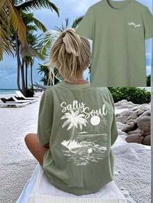 SALTY SOUL Women's Summer T-Shirt 2026, New Spring/Summer Collection, Coconut And Sun Print, Round Neck, Short Sleeve, Casual, Versatile, Essential Garment For Everyday Wear And Vacations. Women's Vacation Print T-Shirt, Loose And Comfortable, Summer Tops - 草綠色 - 查看 12