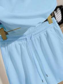 Conjunto de camiseta y pantalones cortos para mujer, diseño de patchwork de mezclilla vintage, top casual elegante para salidas de verano, estampado gráfico, versátil para uso diario, al aire libre, compras, viajes - Azul - Ver 8