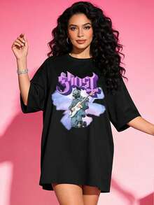 Women's Soft, Casual, Short-Sleeved T-Shirt With A Round Neck, Featuring A Retro Rock Band Guitarist Graphic Print, Suitable For Street Music Fans. Black. - 黑色 - 查看 1