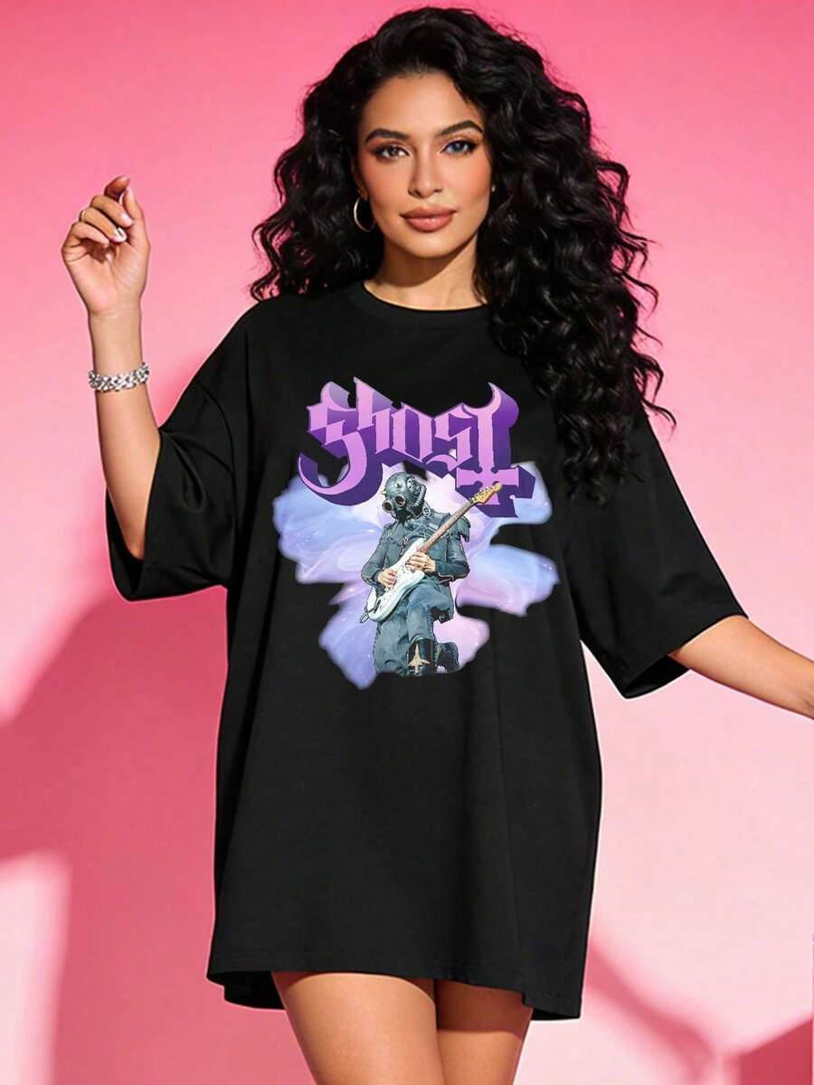 Women's Soft, Casual, Short-Sleeved T-Shirt With A Round Neck, Featuring A Retro Rock Band Guitarist Graphic Print, Suitable For Street Music Fans. Black. - 黑色 - 查看 1