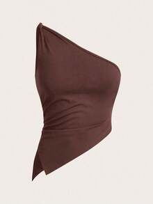 Top elegante de un hombro con un giro en color rojo burdeos delgado para mujer - Color caoba - Ver 7
