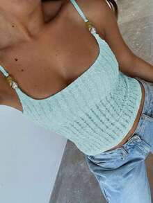 de tirantes ajustada de unicolor casual para mujer Vaiaye, con decoración de concha, textura de jacquard, adecuada para la playa, el Día de San Patricio y el trayecto al trabajo en verano - azul claro - Ver 4