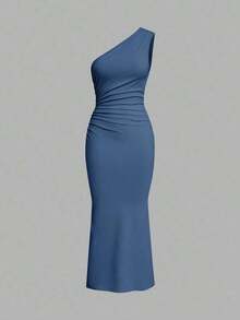 Vestido de fiesta largo hasta el suelo, sin mangas, con drapeado asimétrico y cola de pez, de unicolor para mujer - Azul lavado medio - Ver 1