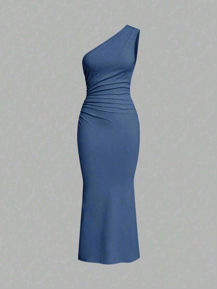 Vestido de fiesta largo hasta el suelo, sin mangas, con drapeado asimétrico y cola de pez, de unicolor para mujer - Azul lavado medio - Ver 1