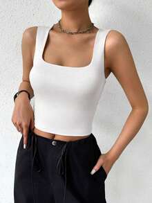 Top de depósito casual corto de verano para mujer con cuello cuadrado básico y unicolor - Blanco - Ver 3
