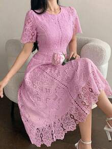 Vestido corto con adorno de encaje en las mangas, vestido mini elegante y refinado - Rosa - Ver 4