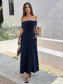 Vestido de mujer de unicolor con hombros descubiertos, nuevo vestido largo elegante y ajustado sin espalda para fiestas, uso diario y citas - Azul marino - Ver 10