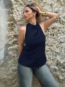Blusa negra ajustada de estilo casual y elegante para la temporada de primavera/verano, con cuello asimétrico, sin mangas, escote halter, espalda descubierta y decoración de lazo - Azul marino - Ver 6