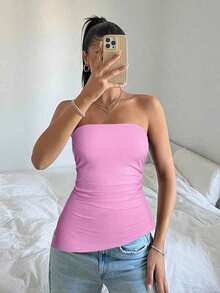 Top bandeau con pliegues en el bajo en color borgoña sólido - Uso casual diario, para usar en el Día de San Valentín - Rosa - Ver 4